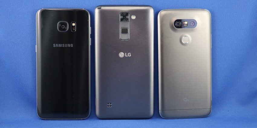 The Stylus DAB+ in the middle, compared in overall size to the Samsung Galaxy S7 Edge and LG's own G5